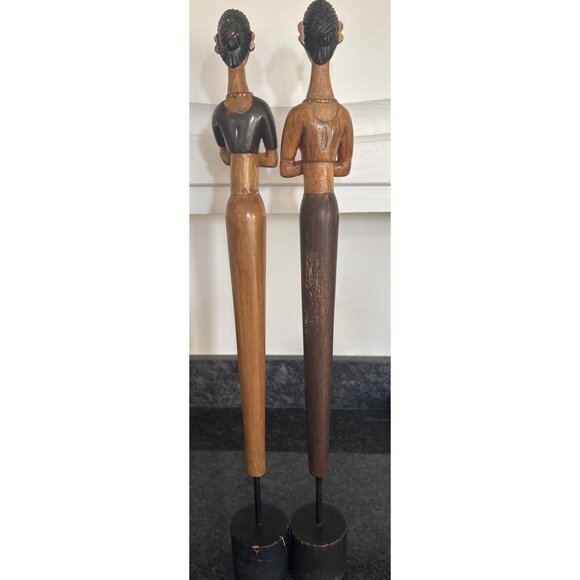Hand-Carved African-Inspired Wooden Female Figurines Statues On Black Stands - Picture 7 of 16